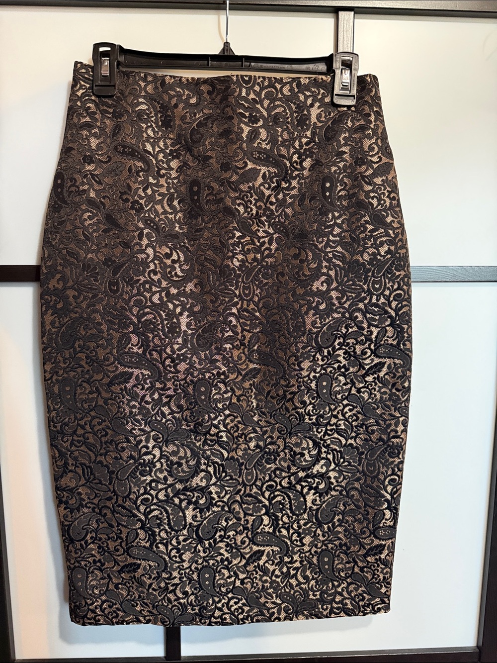 Worthington Black and Gold Paisley Jacquard Pencil Skirt